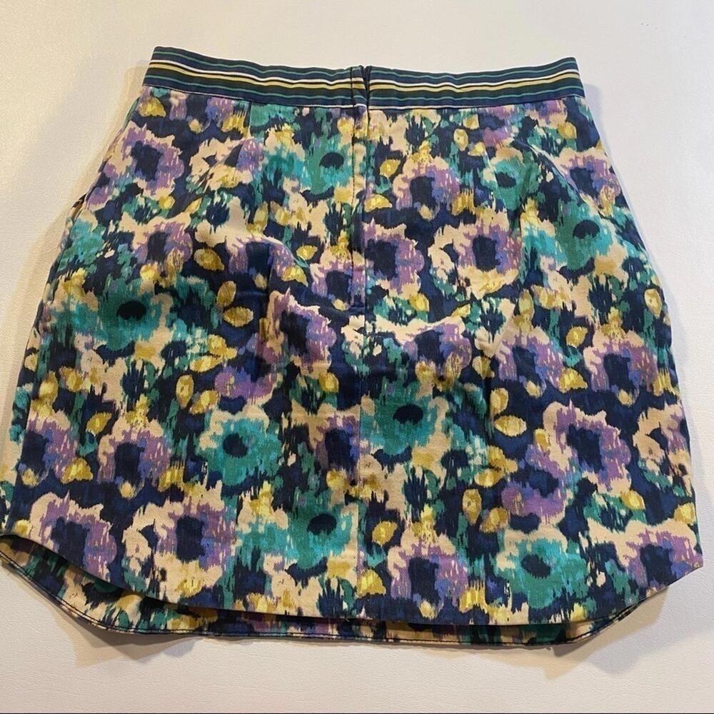 H&M Size 6 Yellow Lilac Teal Floral‎ Pleated Denim Skirt W Striped Waistband